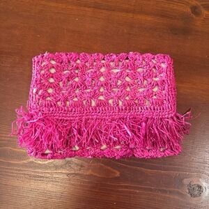 Mar Y Sol Pink Crochet Woven Fringe Clutch